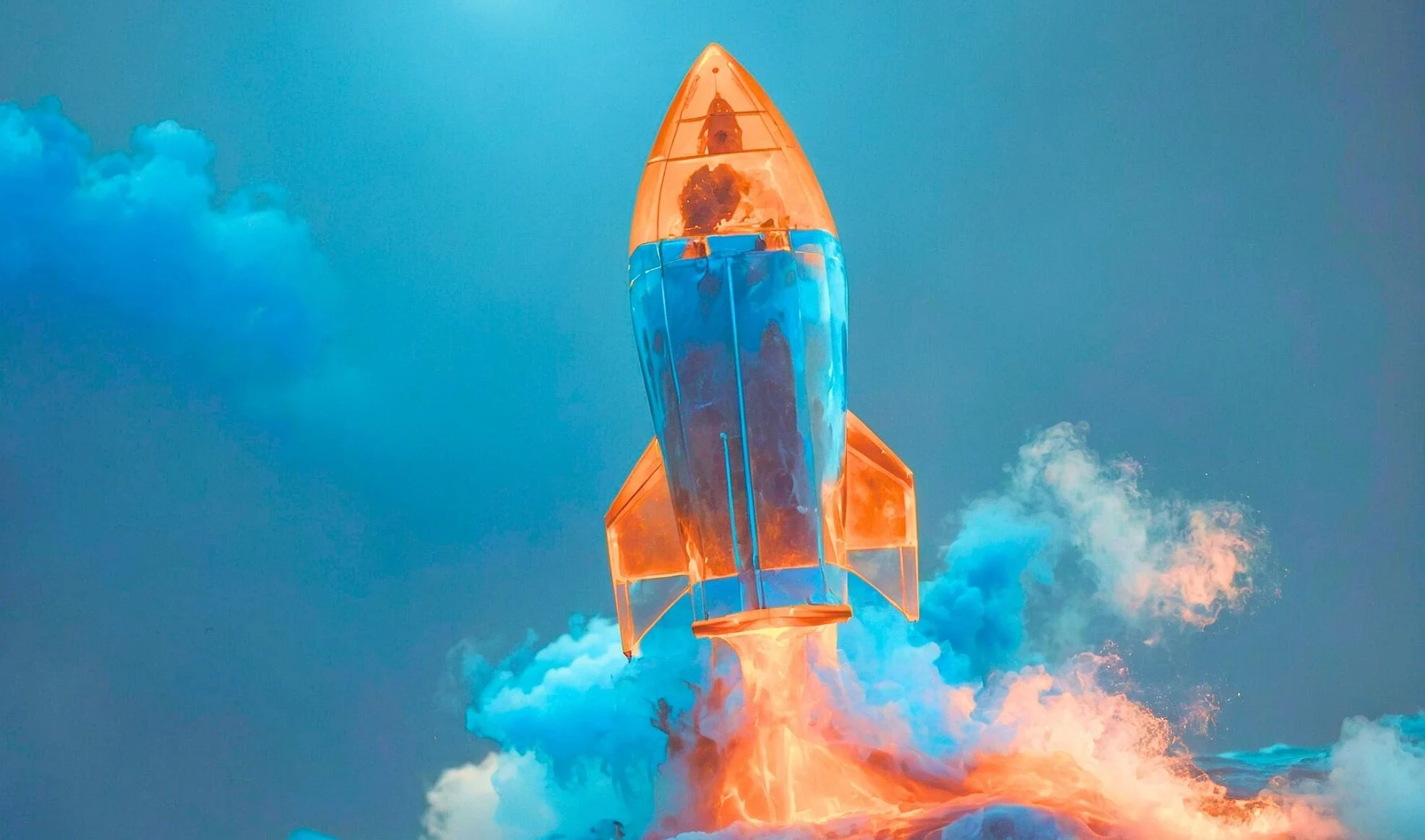 Innovative IT-Lösungen als Wachstumstreiber Startende Rakete durch leuchtende Wolken – symbolisiert innovative IT-Lösungen, die Unternehmen mit neuer Technologie voranbringen