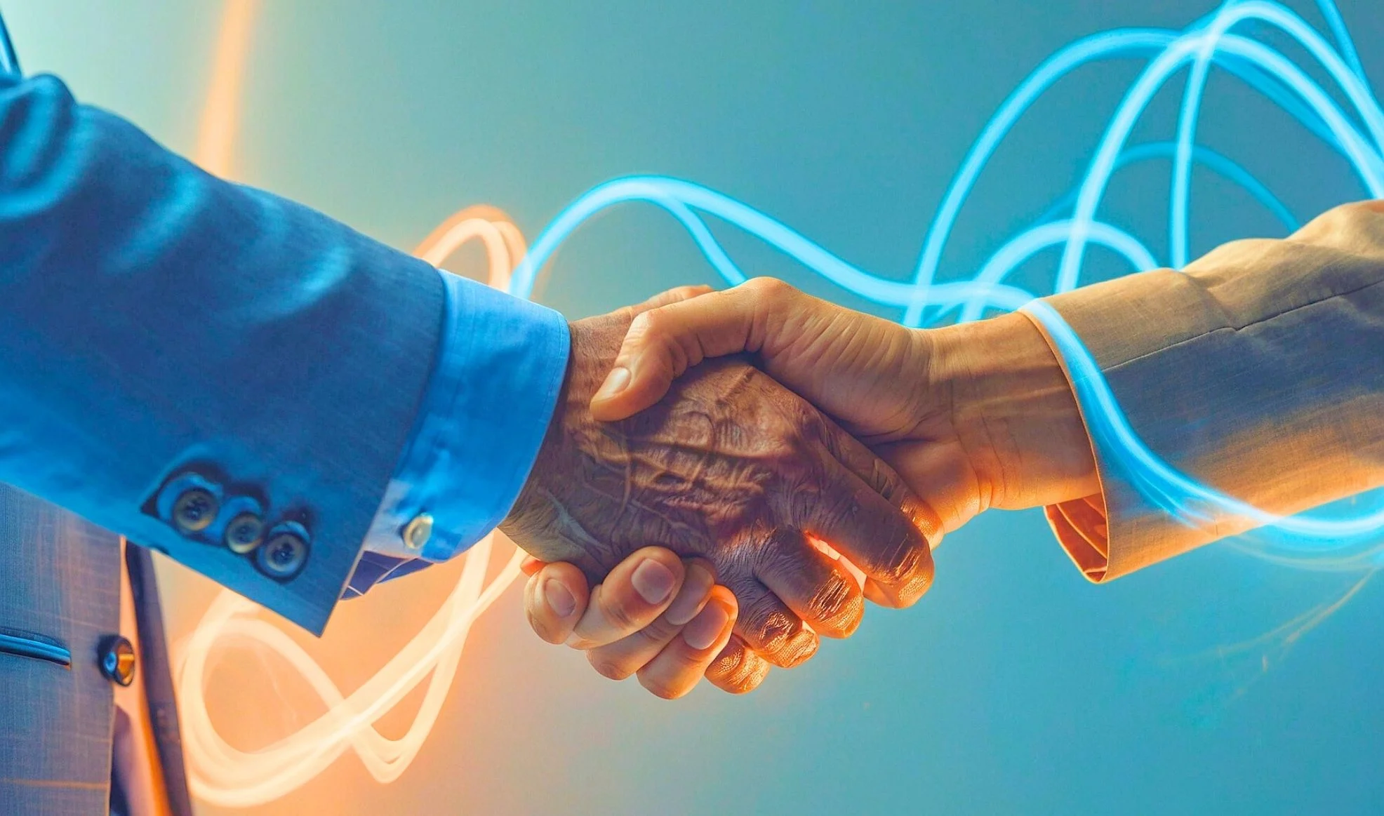 Vertrauen und partnerschaftliche Zusammenarbeit Zwei Menschen im Business-Outfit geben sich die Hand, umgeben von digitalen Lichtlinien als Zeichen für Vertrauen und Zusammenarbeit