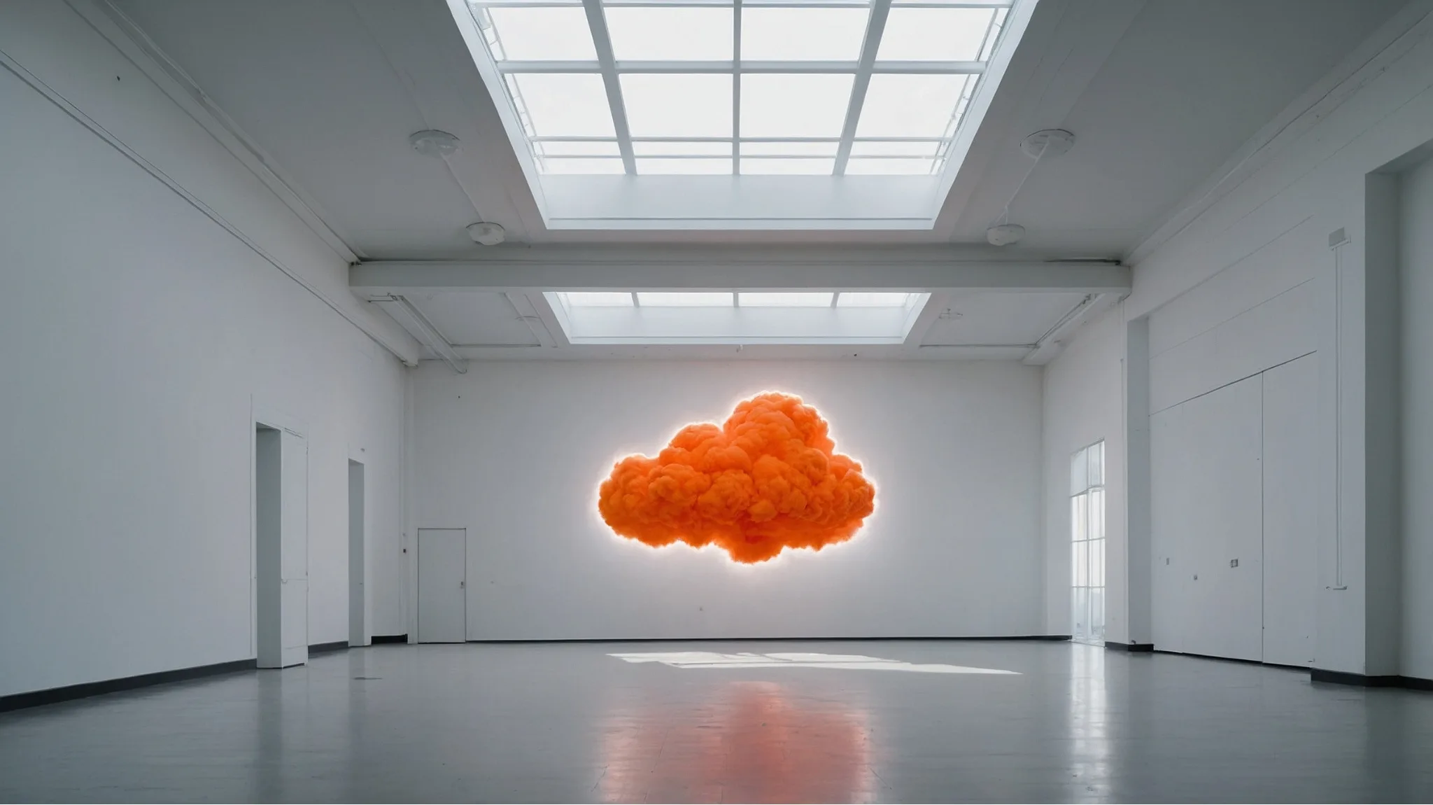 Symbolische Darstellung von Cloud Services Orangefarbene Cloud-Skulptur in modernem, lichtdurchflutetem Raum als visuelle Metapher für Cloud Services und Cloud-Lösungen vom IT-Systemhaus für Unternehmen