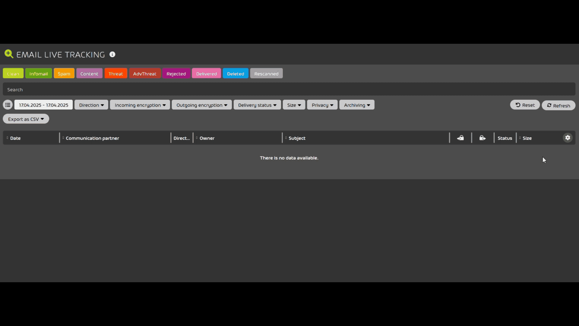 Hornetsecurity E-Mail Live Tracking – Echtzeitüberwachung des E-Mail-Verkehrs Benutzeroberfläche von Hornetsecurity E-Mail Live Tracking zur Echtzeitverfolgung eingehender und ausgehender E-Mails im Unternehmen