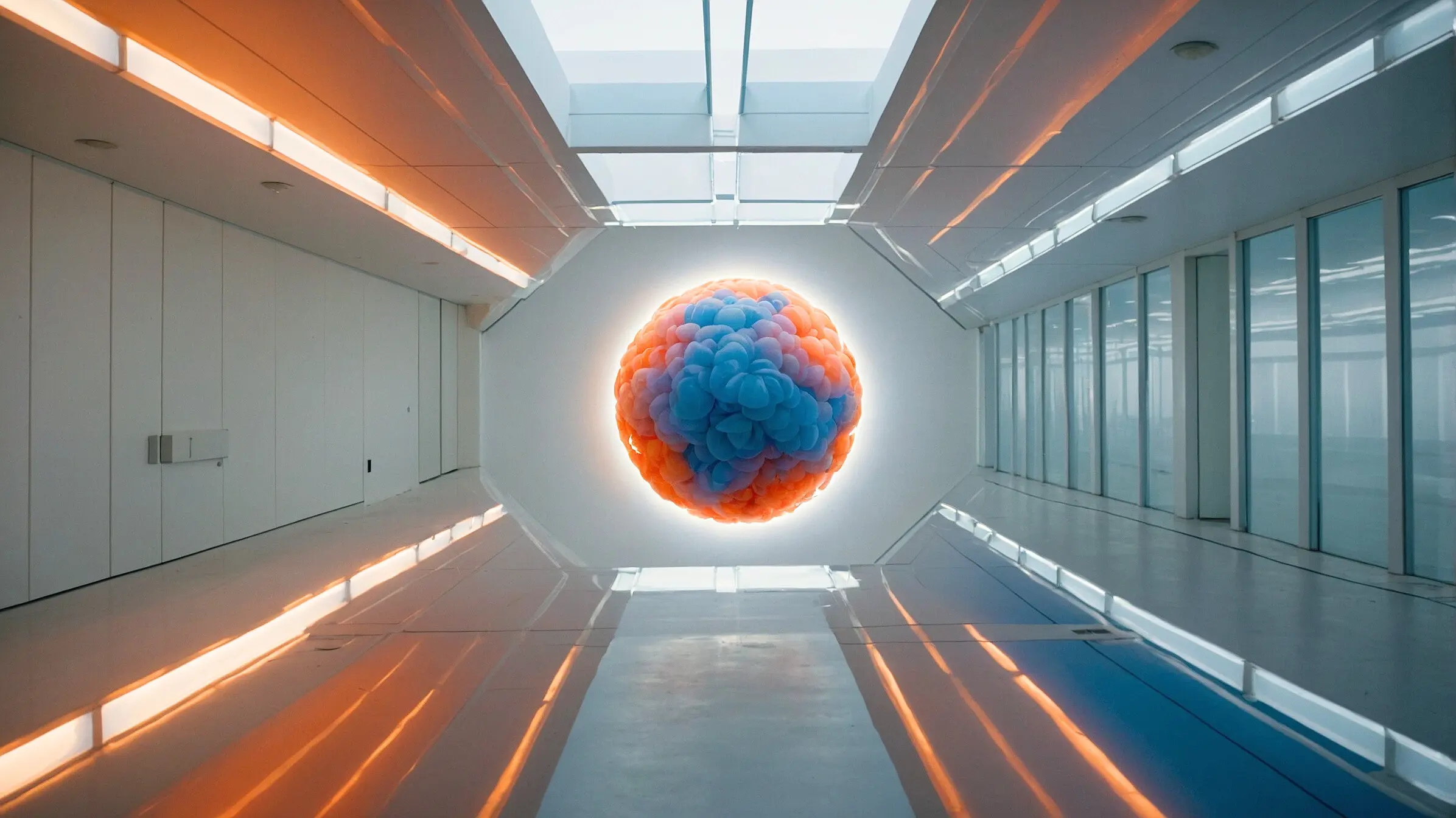 Symbolische Darstellung von Cloud Services Orangefarbene Cloud-Skulptur in modernem, lichtdurchflutetem Raum als visuelle Metapher für Cloud Services und Cloud-Lösungen vom IT-Systemhaus für Unternehmen