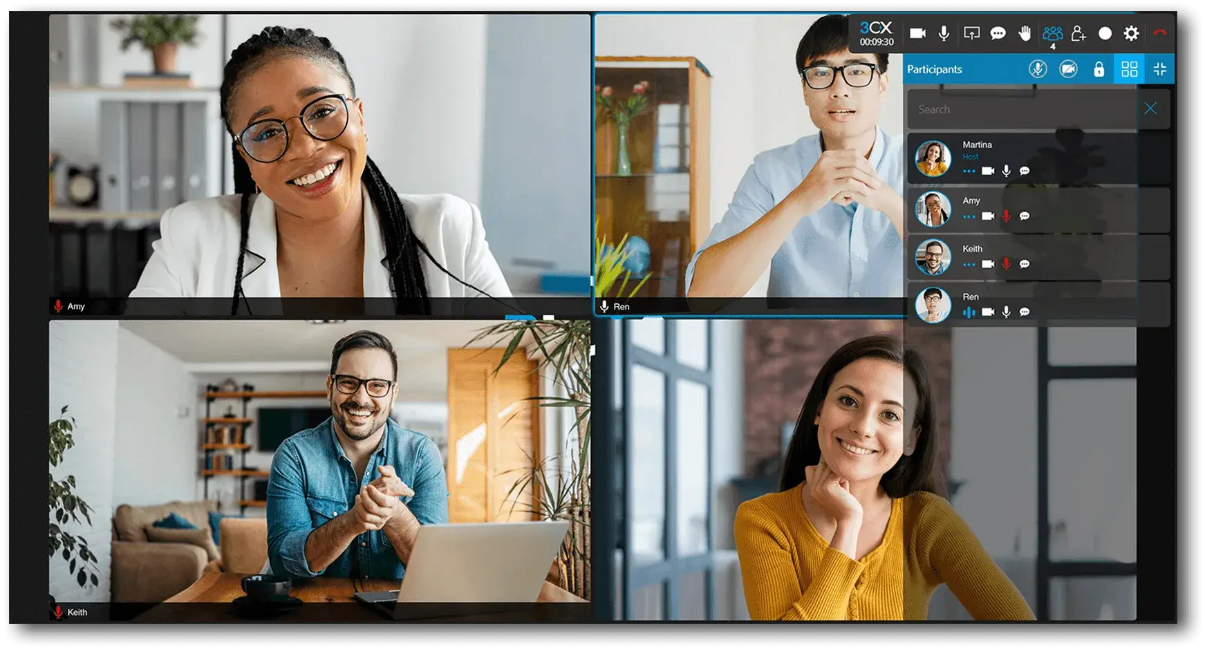 3CX Videokonferenz – Online-Meetings und visuelle Kommunikation Teilnehmer in einer 3CX Videokonferenz mit Live-Bildübertragung für ortsunabhängige Meetings und digitale Zusammenarbeit