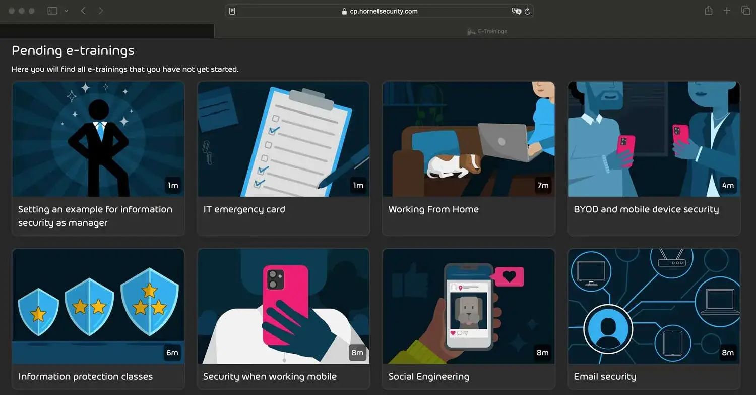 Hornetsecurity E-Trainings – Interaktive Schulungen zur IT-Sicherheit und Awareness Oberfläche der Hornetsecurity E-Trainings-Plattform zur Mitarbeitersensibilisierung in IT-Sicherheit und Phishing-Prävention