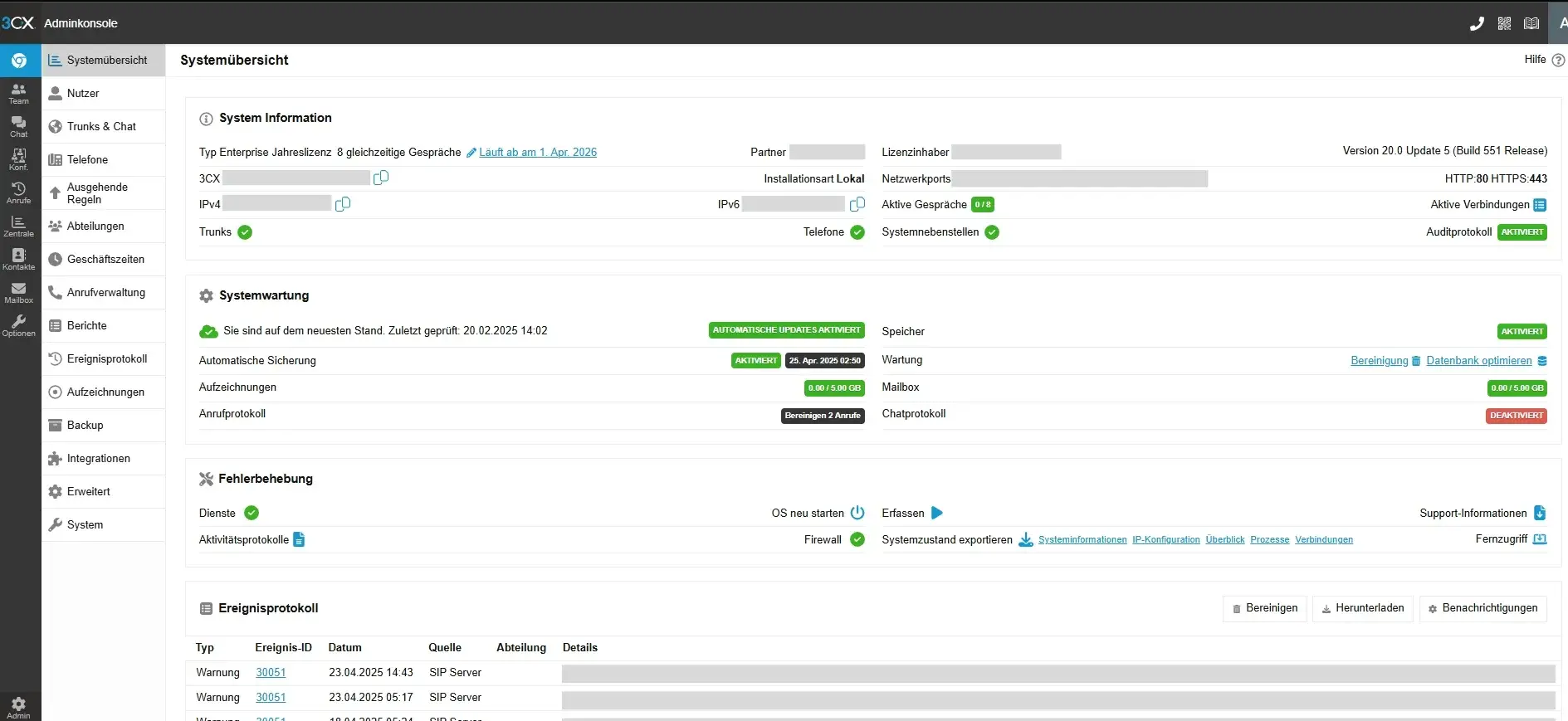 3CX Adminkonsole – Zentrale Verwaltung der Telefonanlage Benutzeroberfläche der 3CX Adminkonsole zur zentralen Verwaltung von Benutzerkonten, Anrufregeln und Systemkonfigurationen