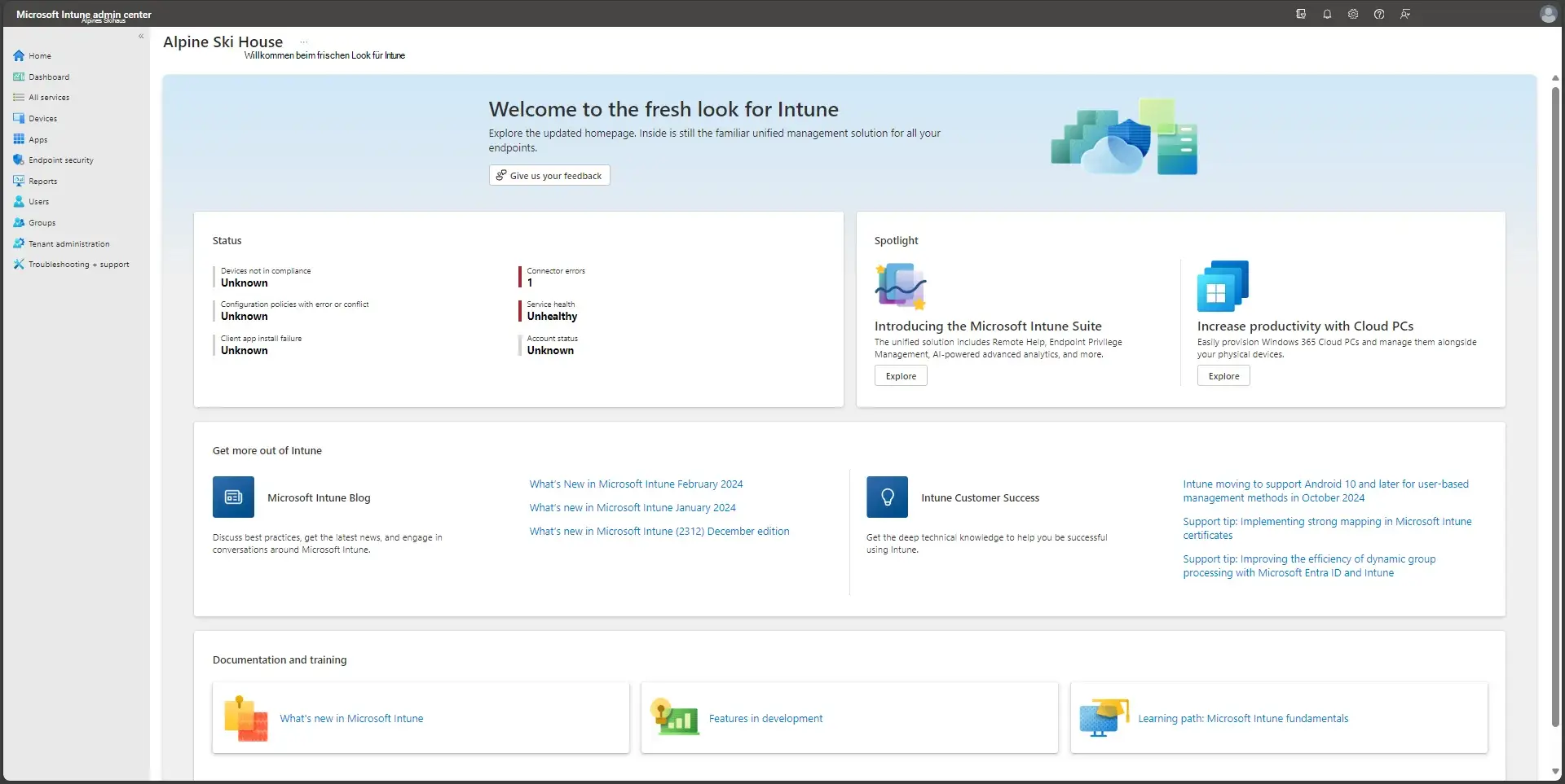 Microsoft Intune Admin Center – Geräte- und App-Management Dashboard des Microsoft Intune Admin Centers zur Verwaltung mobiler Geräte, Anwendungen und Sicherheitsrichtlinien in Microsoft 365