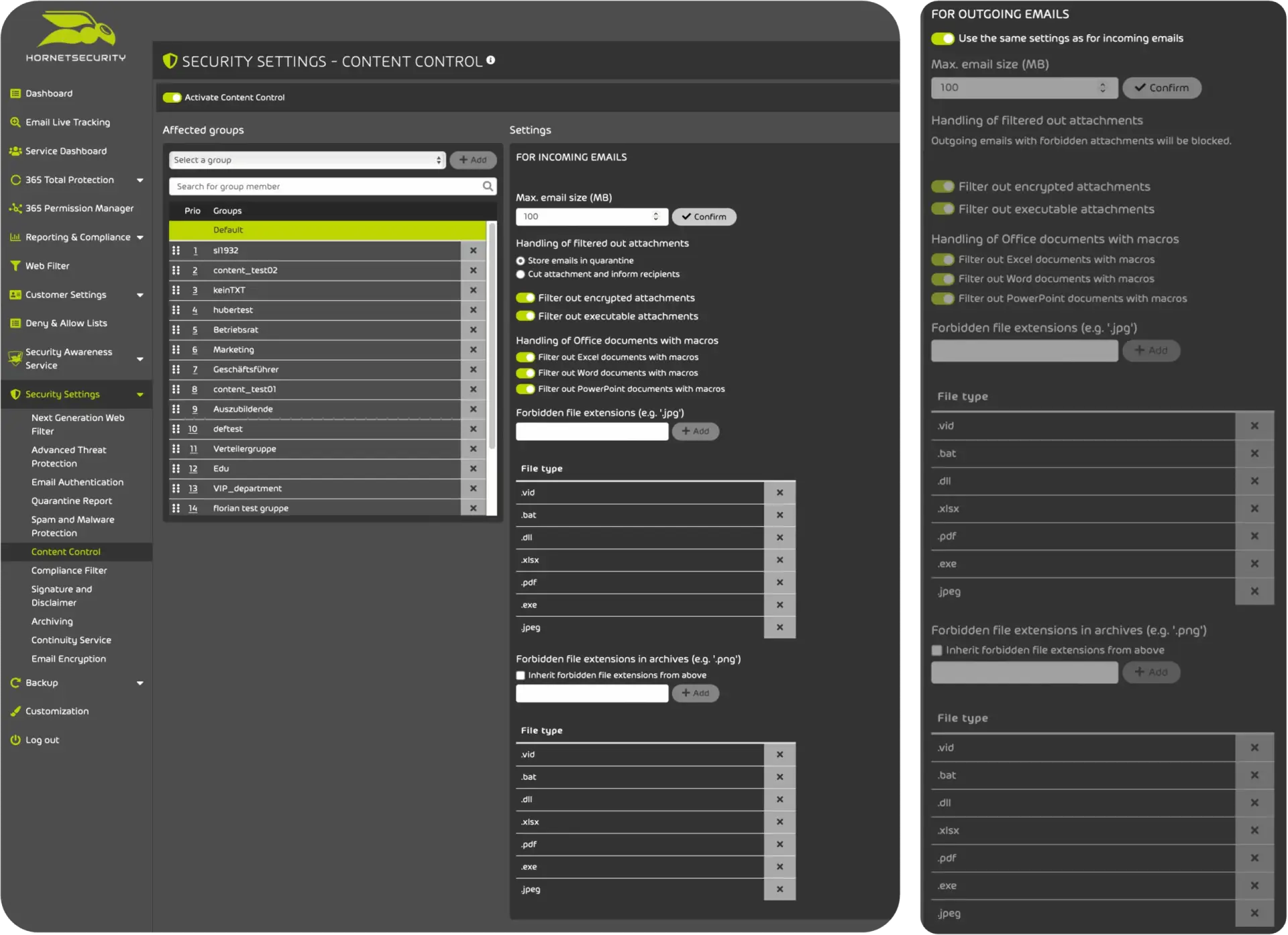 Hornetsecurity Security Settings – Zentrale Verwaltung von Sicherheitsrichtlinien Benutzeroberfläche für Hornetsecurity Security Settings zur Konfiguration von E-Mail-Sicherheitsregeln und Schutzmechanismen