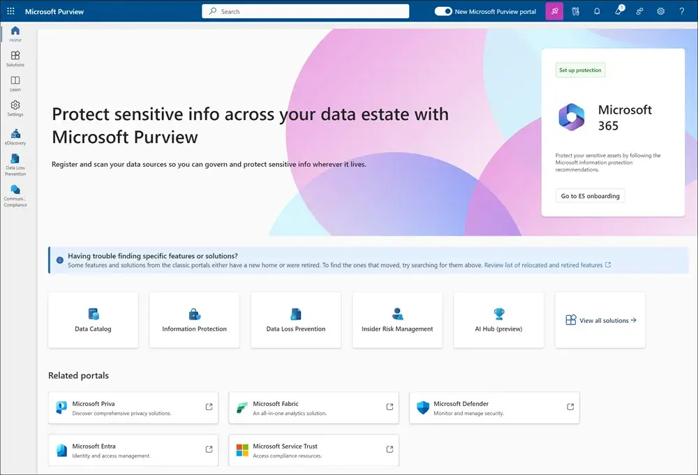 Microsoft Purview Portal – Datenschutz und Compliance in Microsoft 365 Benutzeroberfläche des Microsoft Purview Portals zur Verwaltung von Datenrichtlinien, Informationsschutz und Compliance in Microsoft 365