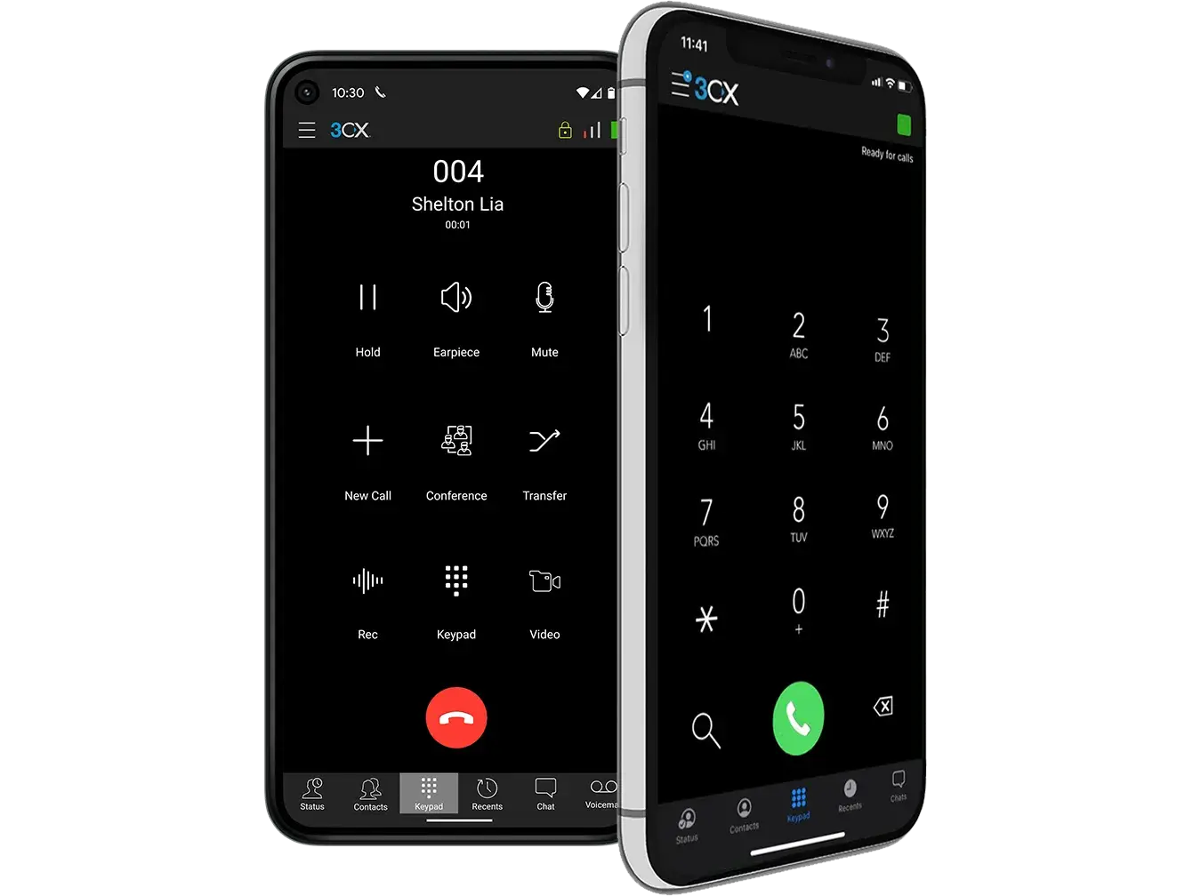 3CX App auf dem Smartphone – Mobile Kommunikation per VoIP Darstellung der 3CX App auf einem Smartphone zur mobilen Nutzung von Telefonie, Chat und Kontakten über die Cloud-Telefonanlage
