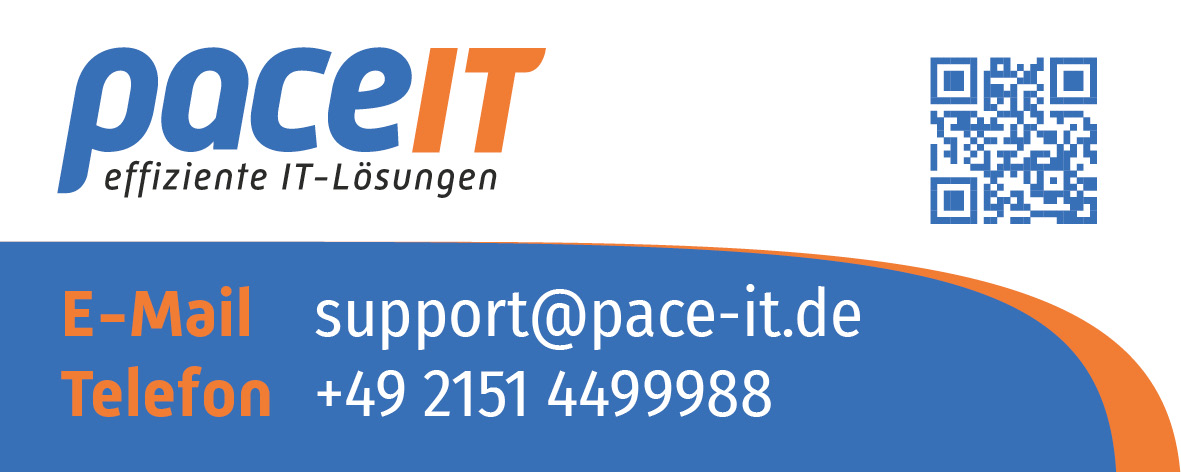 Kontaktinformationen technischer Support pace-IT Kontaktkarte von pace-IT mit E-Mail-Adresse, Telefonnummer und QR-Code für technischen Support