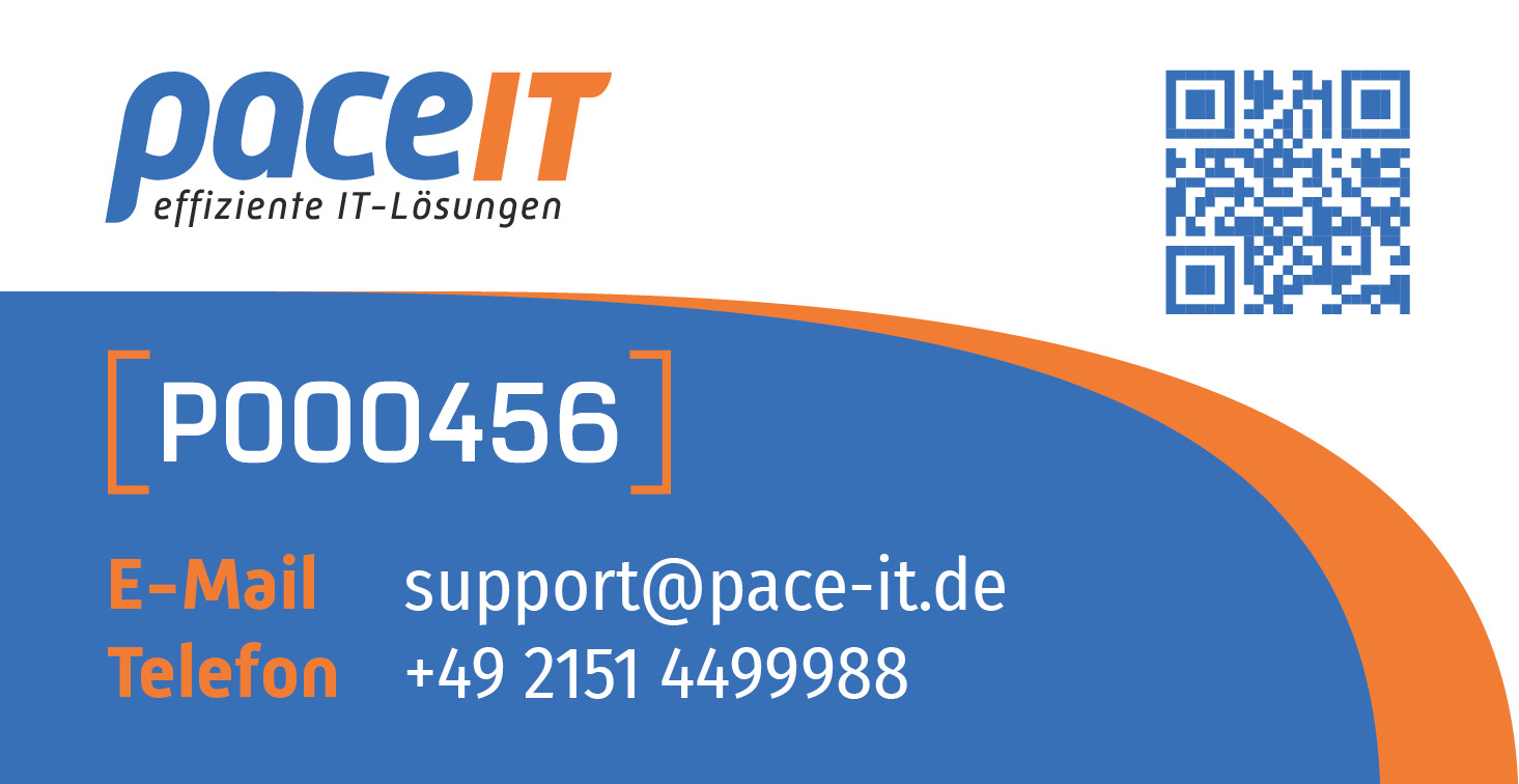 Support-ID P000456 – technischer Support pace-IT Support-Kontaktkarte von pace-IT mit Ticketnummer P000456, E-Mail, Telefonnummer und QR-Code für IT-Support