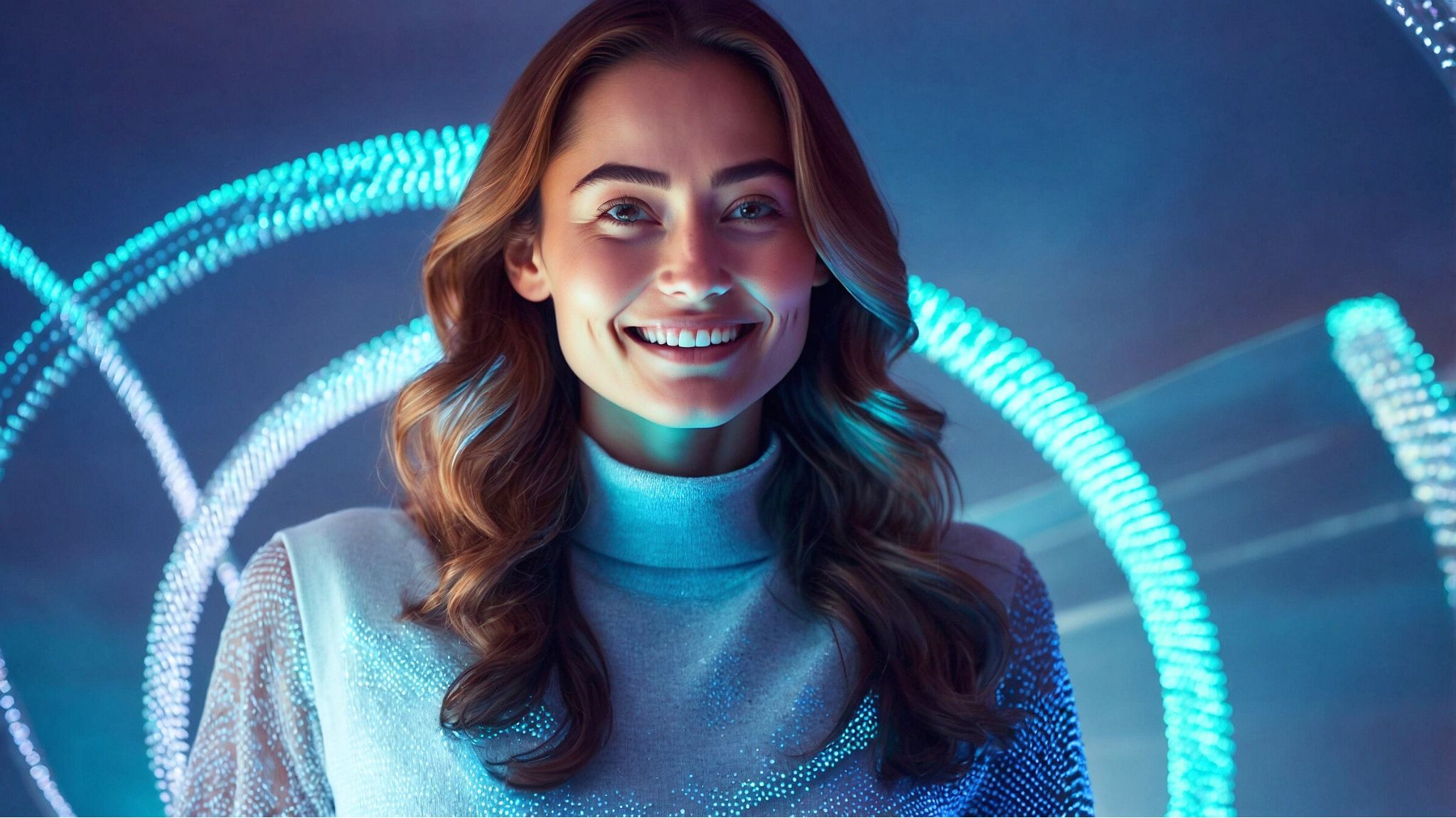 Zukunftsorientierte IT-Lösungen für den Geschäftserfolg Frau mit futuristischer Beleuchtung als Symbol für moderne IT-Innovationen und strategische Digitalisierung im Mittelstand - pace-IT unsere DNA