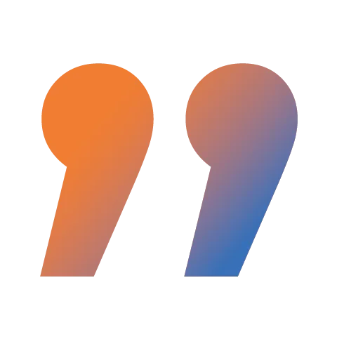 Zitatzeichen – visuelles Element für Aussagen und Kundenstimmen Stilisiertes, farbiges Zitatzeichen in Orange und Blau zur Darstellung von Kundenmeinungen oder Aussagen
