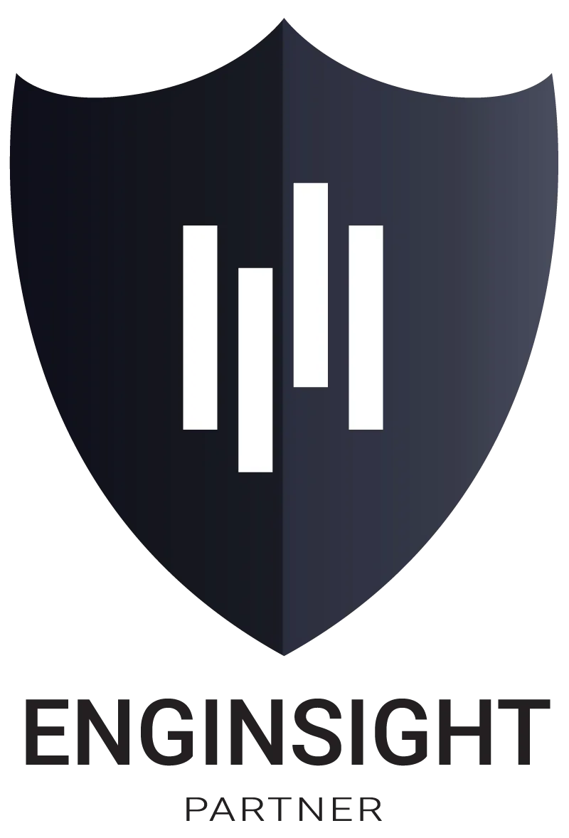 Enginsight Partnerlogo – Offizieller Registered Partner Schwarzes Enginsight Partnerlogo mit Schildsymbol und vertikalen Balken – offizieller Hinweis auf Registered Partnerstatus