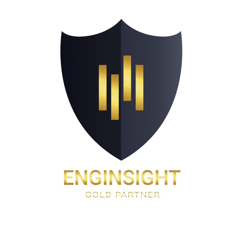 Enginsight-Partnerlogo-Gold-white Schwarz-goldenes Enginsight Partnerlogo mit Schildsymbol und vertikalen Balken – offizieller Hinweis auf Gold Partnerstatus
