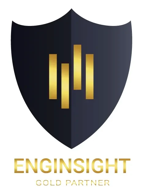 Schwarz-goldenes Enginsight Partnerlogo mit Schildsymbol und vertikalen Balken – offizieller Hinweis auf Gold Partnerstatus
